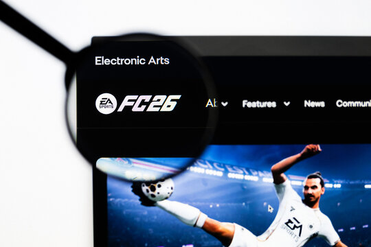 Milan, Italy 2026, 20 Apr Closeup of EA Sports FC 26 website on a laptop screen. EA Sports FC 26 logo under a magnifying glass.