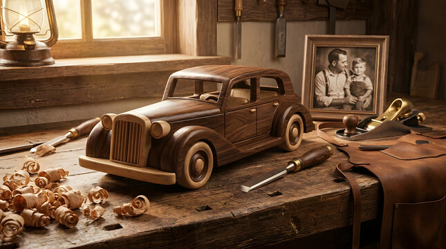 Wooden toy car on a workbench with tools and a vintage photo