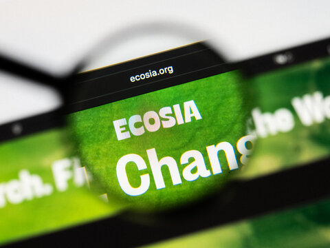 Milan, Italy 2026, 20 Apr Closeup of ecosia website on a laptop screen. ecosia logo under a magnifying glass.