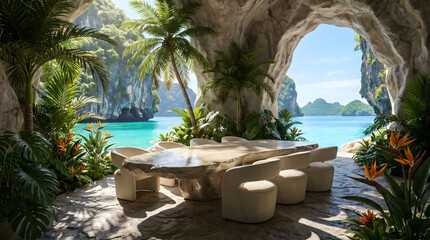 Fototapeta premium Luxury Tropical Cave Dining Room with Ocean View and Exotic Plants