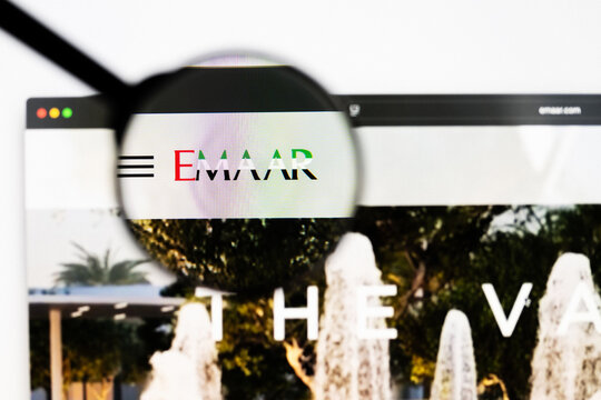 Milan, Italy 2026, 20 Apr Closeup of Emaar Properties website on a laptop screen. Emaar Properties logo under a magnifying glass.