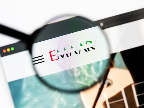 Milan, Italy 2026, 20 Apr Closeup of Emaar Properties website on a laptop screen. Emaar Properties logo under a magnifying glass.