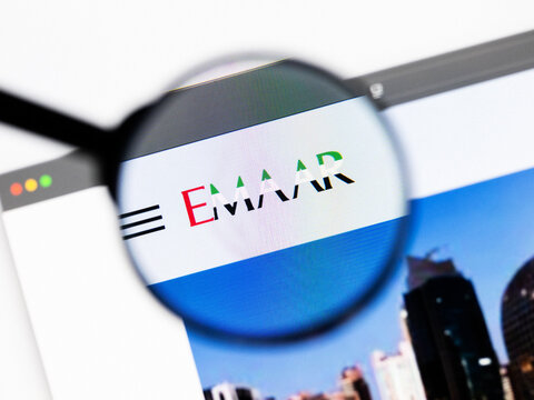 Milan, Italy 2026, 20 Apr Closeup of Emaar Properties website on a laptop screen. Emaar Properties logo under a magnifying glass.