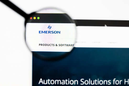 Milan, Italy 2026, 20 Apr Closeup of Emerson Electric website on a laptop screen. Emerson Electric logo under a magnifying glass.