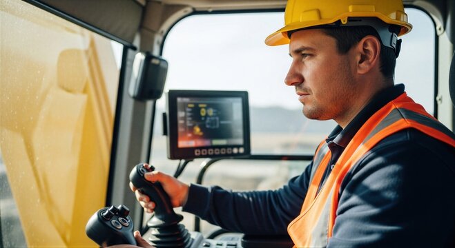 Man operator in yellow hard hat sitting inside excavator cab. Construction worker driving heavy machinery using joystick and digital display monitor. Professional site development equipment.
