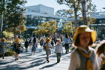 Obraz premium Australian School Students Walking in Campus Courtyard - Australian School