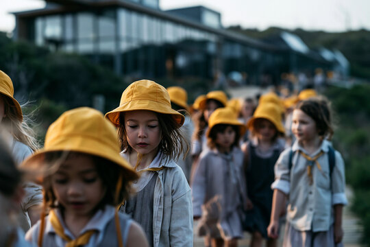 School Children in Yellow Hats Standing in Line Outdoors - Australian School