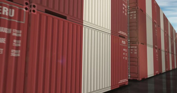 Peru export production and import cargo containers in row seamless and loopable business concept. Peruvian flag industrial shipping box 3d loop.