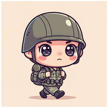 Cute cartoon soldier in helmet.