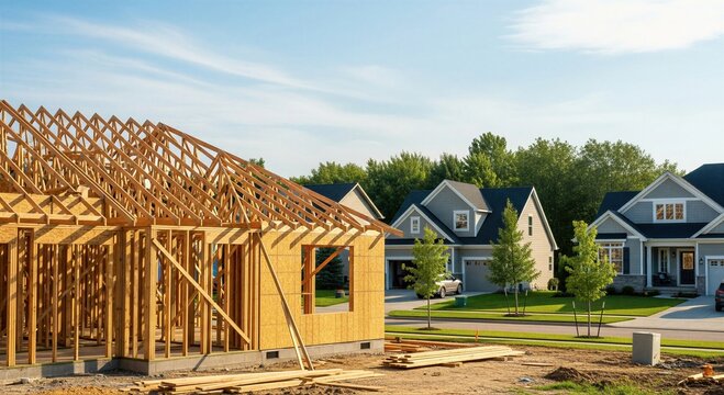 New house frame under construction in residential neighborhood. Timber building structure of family home during building process. Real estate development and residential property project.