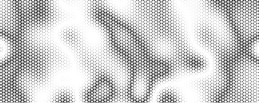 Fading triangle halftone texture gradient pattern. Abstract diagonal geometric background. Tech mosaic triangular halfton gradation. Vector vanishing corner arrow wallpaper for banner, booklet, poster