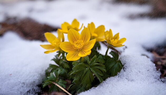 First Spring Flowers Yellow Erantis Vernalis Flower Under The Snow