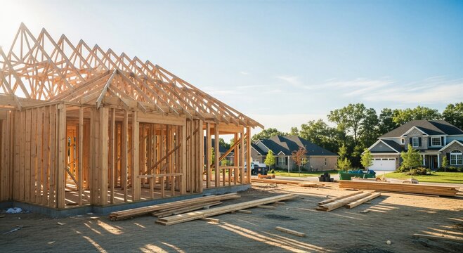 Wooden frame of house under construction at sunny day. New residential building development site with timber structural beams. Architecture project of suburban home for living concept.