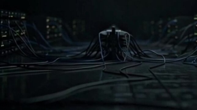 A dark, low-angle shot of a figure or machine entangled in a dense network of cables within a dimly lit, futuristic server room.