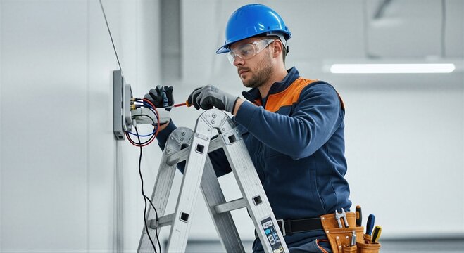 Electrician standing on ladder repairing electrical outlet in indoor building area. Professional technician working on wall connection with screwdriver. Industrial maintenance occupation.