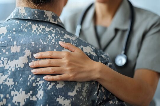 Close up of a caring female therapist placing a comforting hand on the shoulder of a soldier in military uniform