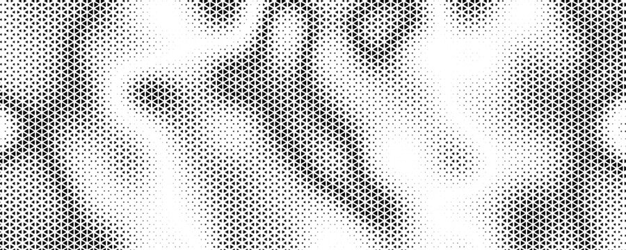 Fading triangle halftone texture gradient pattern. Abstract diagonal geometric background. Tech mosaic triangular halfton gradation. Vector vanishing corner arrow wallpaper for banner, booklet, poster