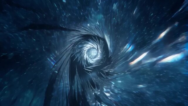 Tracking shot of spiral vortex of crystalline shards spiraling inward through cosmic tunnel void with slow dolly zoom in abstract blue space