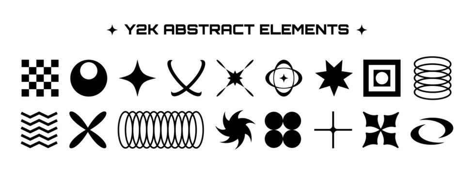 Y2K abstract retro aesthetic set: vector elements and shapes. 2000s, vintage, nostalgia, creative concept for banners, posters, or social networks. Abstract Y2K aesthetic set. Transparent background.