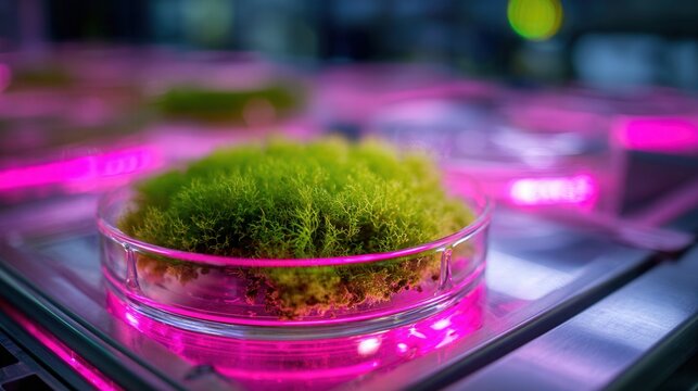 Green moss sample in petri dish staged for timelapse imaging under controlled pink light, dense cushions show progressive colonization across moist substrate, imaging rig implied