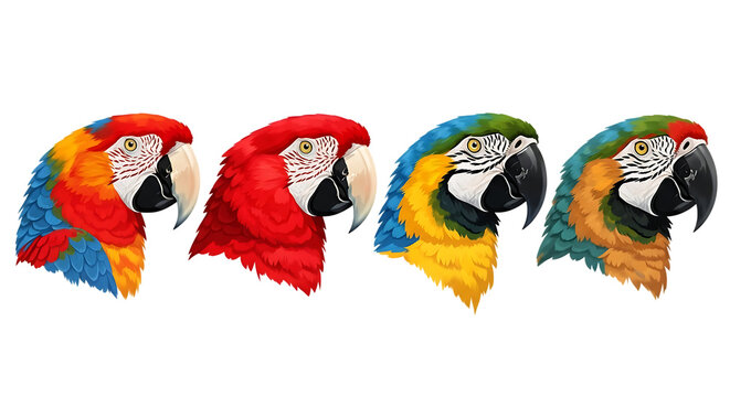 Four colorful macaw parrots with vibrant red, blue, green, and yellow feathers facing left isolated on a transparent background