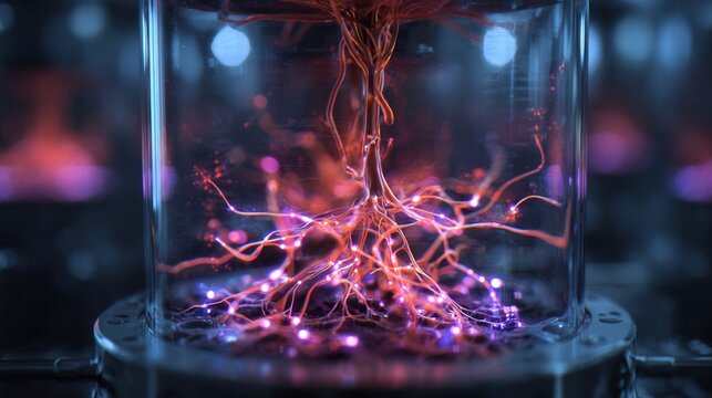 Glowing neural filaments inside glass chamber, pulsing magenta filaments suspended in sterile cylinder, bioluminescent synapse nodes, reflective surfaces, moody scifi atmosphere, hightech containment