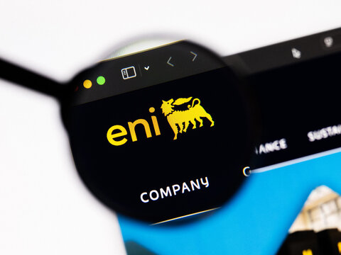 Milan, Italy 2026, 20 Apr Closeup of Eni website on a laptop screen. Eni logo under a magnifying glass.