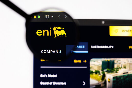 Milan, Italy 2026, 20 Apr Closeup of Eni website on a laptop screen. Eni logo under a magnifying glass.