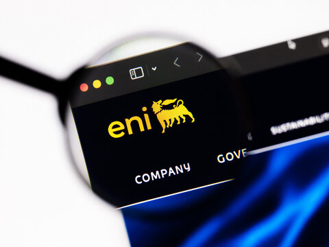Milan, Italy 2026, 20 Apr Closeup of Eni website on a laptop screen. Eni logo under a magnifying glass.