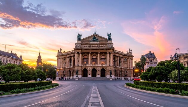 A large, ornate building with columns and statues stands at the end of a road, surrounded by greenery and a vibrant sunset sky