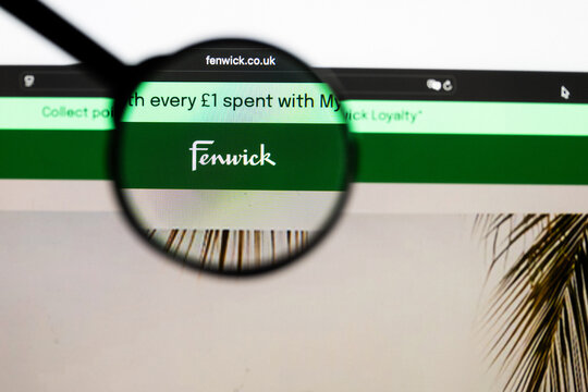 Milan, Italy 2026, 20 Apr Closeup of Fenwick website on a laptop screen. Fenwick logo under a magnifying glass.