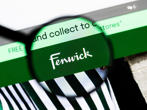 Milan, Italy 2026, 20 Apr Closeup of Fenwick website on a laptop screen. Fenwick logo under a magnifying glass.