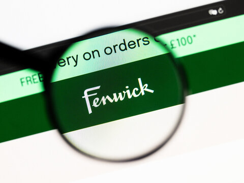 Milan, Italy 2026, 20 Apr Closeup of Fenwick website on a laptop screen. Fenwick logo under a magnifying glass.