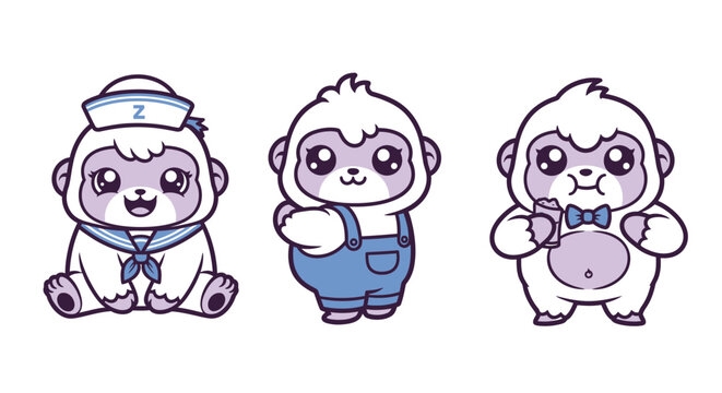 Cute cartoon gorilla characters in various outfits and poses.