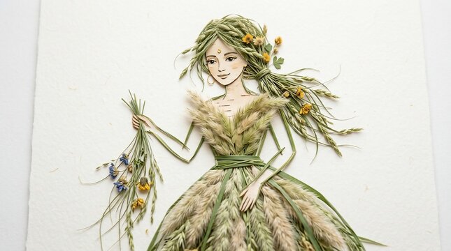 woman made of flowers and grass in elegant dress holding bouquet