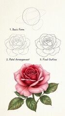 Obraz premium Step by step drawing of a pink rose with green leaves