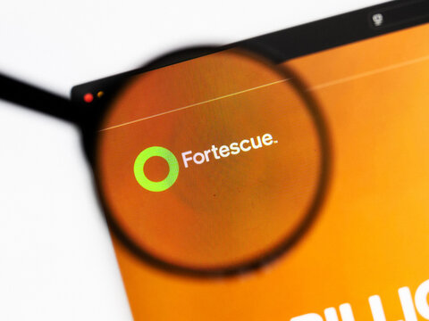 Milan, Italy 2026, 20 Apr Closeup of Fortescue Metals Group website on a laptop screen. Fortescue Metals Group logo under a magnifying glass.