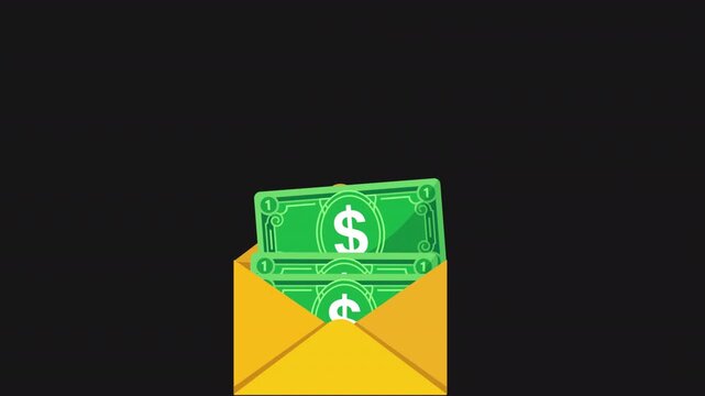 Dollar Bills Falling Into Open Envelope Animation, Money Transfer, Remittance, Financial Message, Online Payment and Cash Deposit Concept, Minimal Flat 2D Motion Graphics