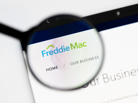 Milan, Italy 2026, 20 Apr Closeup of Freddie Mac website on a laptop screen. Freddie Mac logo under a magnifying glass.