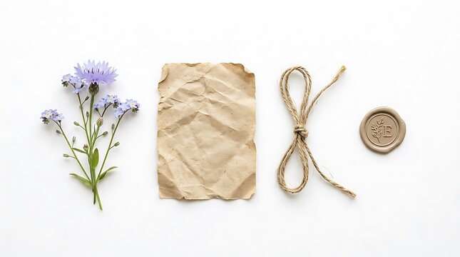 Aesthetic composition of aged parchment, dried lavender, twine, and a small brass token on a plain backdrop.