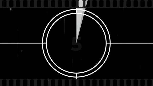 Vintage film countup timer 0 to 5 seconds, retro movie leader clock wipe animation, old cinema monochrome background loop