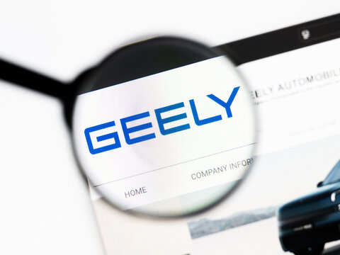 Milan, Italy 2026, 20 Apr Closeup of Geely Automobile Holdings website on a laptop screen. Geely Automobile Holdings logo under a magnifying glass.