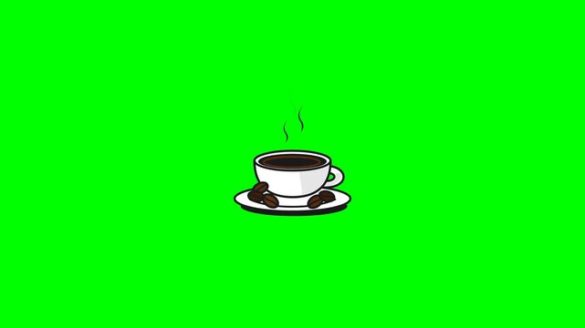 Flat Vector Animation of Hot Coffee Cup with Rising Steam on Green Screen Chroma Key