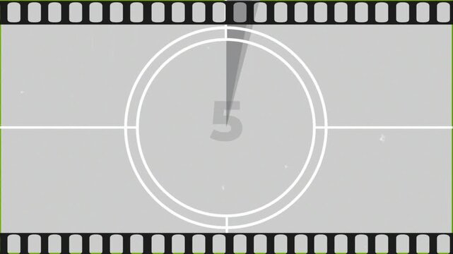 Vintage film countdown timer 10 to 0 seconds, retro movie leader clock wipe animation, old cinema monochrome background loop