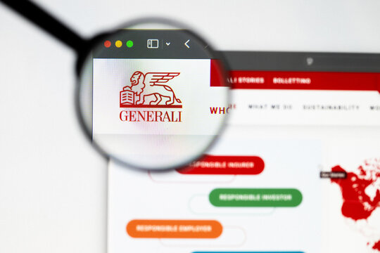 Milan, Italy 2026, 20 Apr Closeup of Generali Group website on a laptop screen. Generali Group logo under a magnifying glass.
