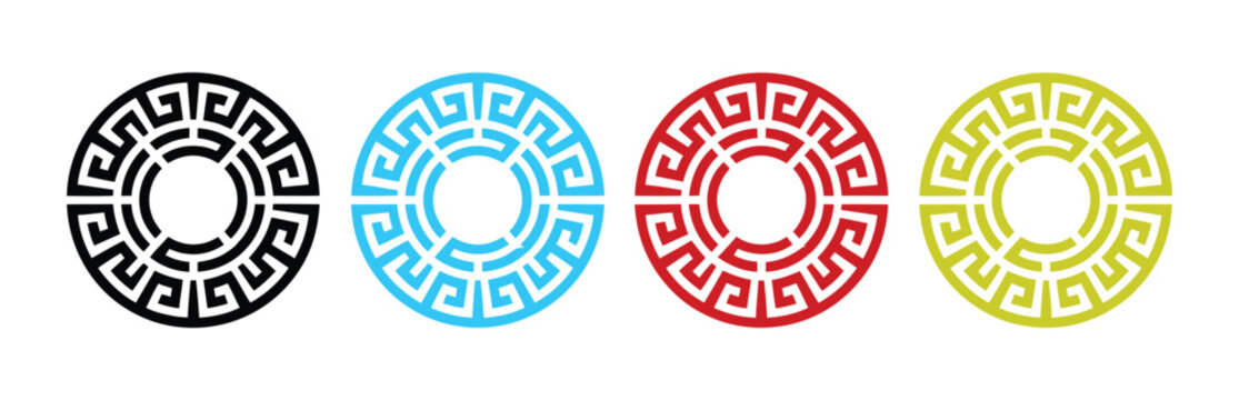 Decorative Circular Frames featuring Greek Key Patterns, Striped Designs, Multicolor Variations, Ornamental Borders, and Elegant Geometric Vector Illustration Elements.