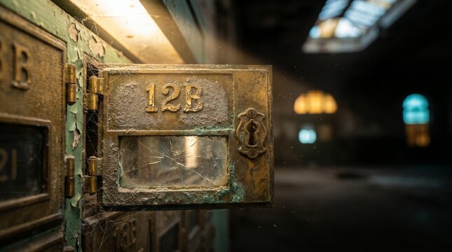 Abandoned mailbox compartment with number 12B in dimly lit room  