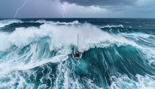 Stormy Ocean Waves with Small Boat.