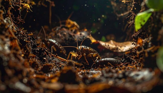 Earwig with prominent pincers navigating damp compost heap with detailed macro focus