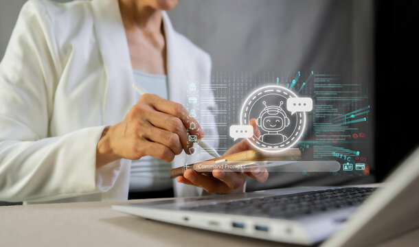 Businesswoman Using Smartphone to Input Command Prompt with AI Chatbot, Digital Assistant and Automation Technology